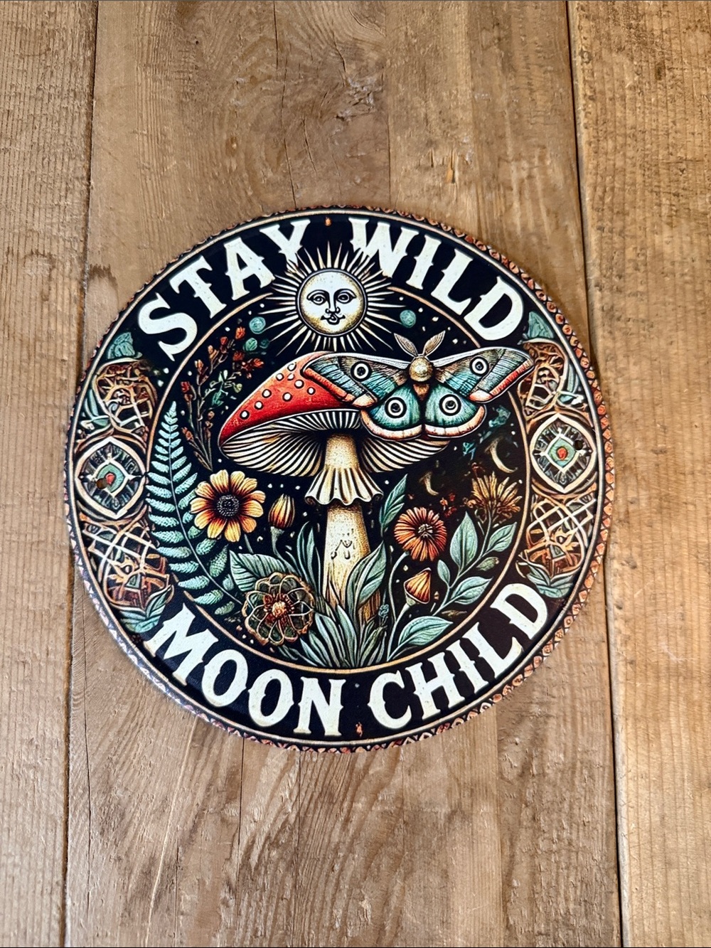 Stay Wild Moon Child Decorative Round Wall Art - Multicolor Mushroom Motif